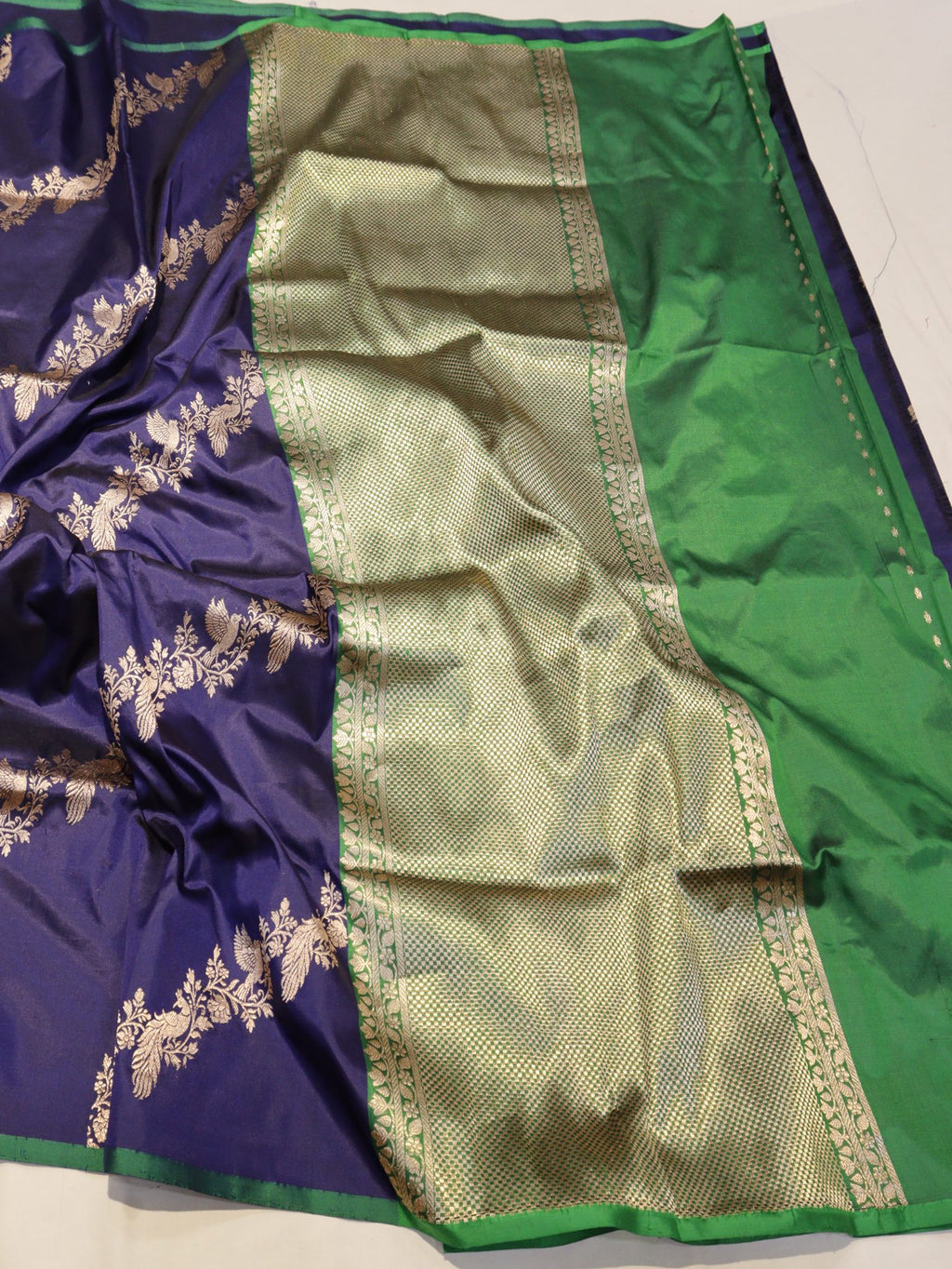 Navy Blue Katan Silk Banarasi saree border closeup