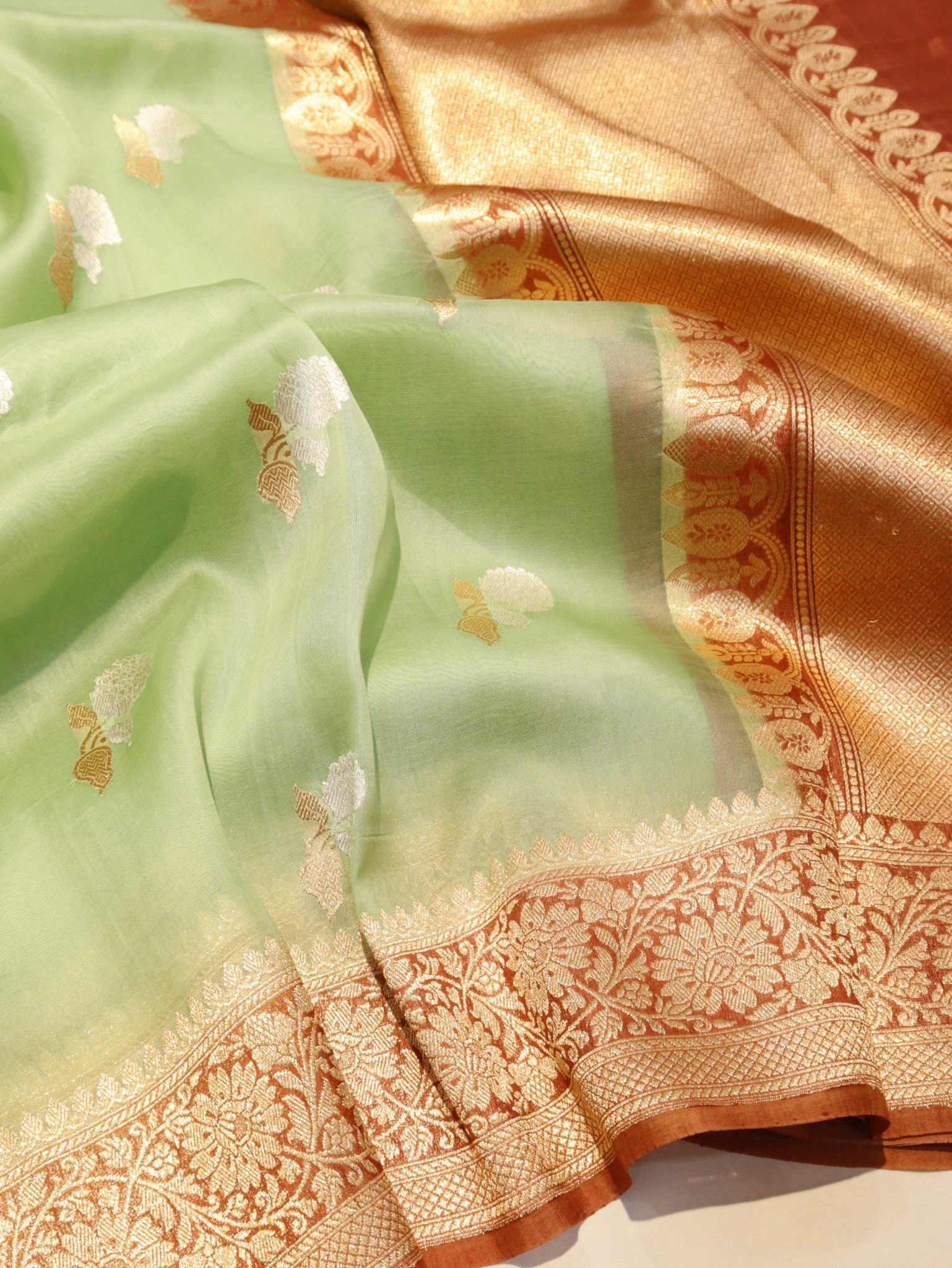 Green Kora Silk Banarasi saree front drape view
