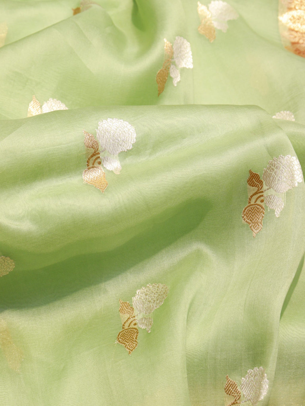 Green Kora Silk Banarasi saree border closeup