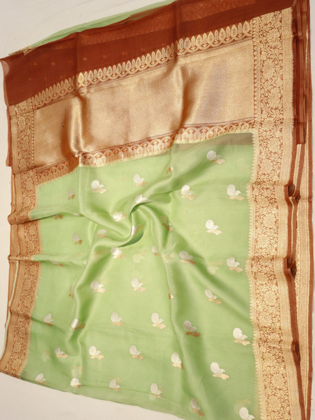 Green Kora Silk Banarasi saree zari work detail