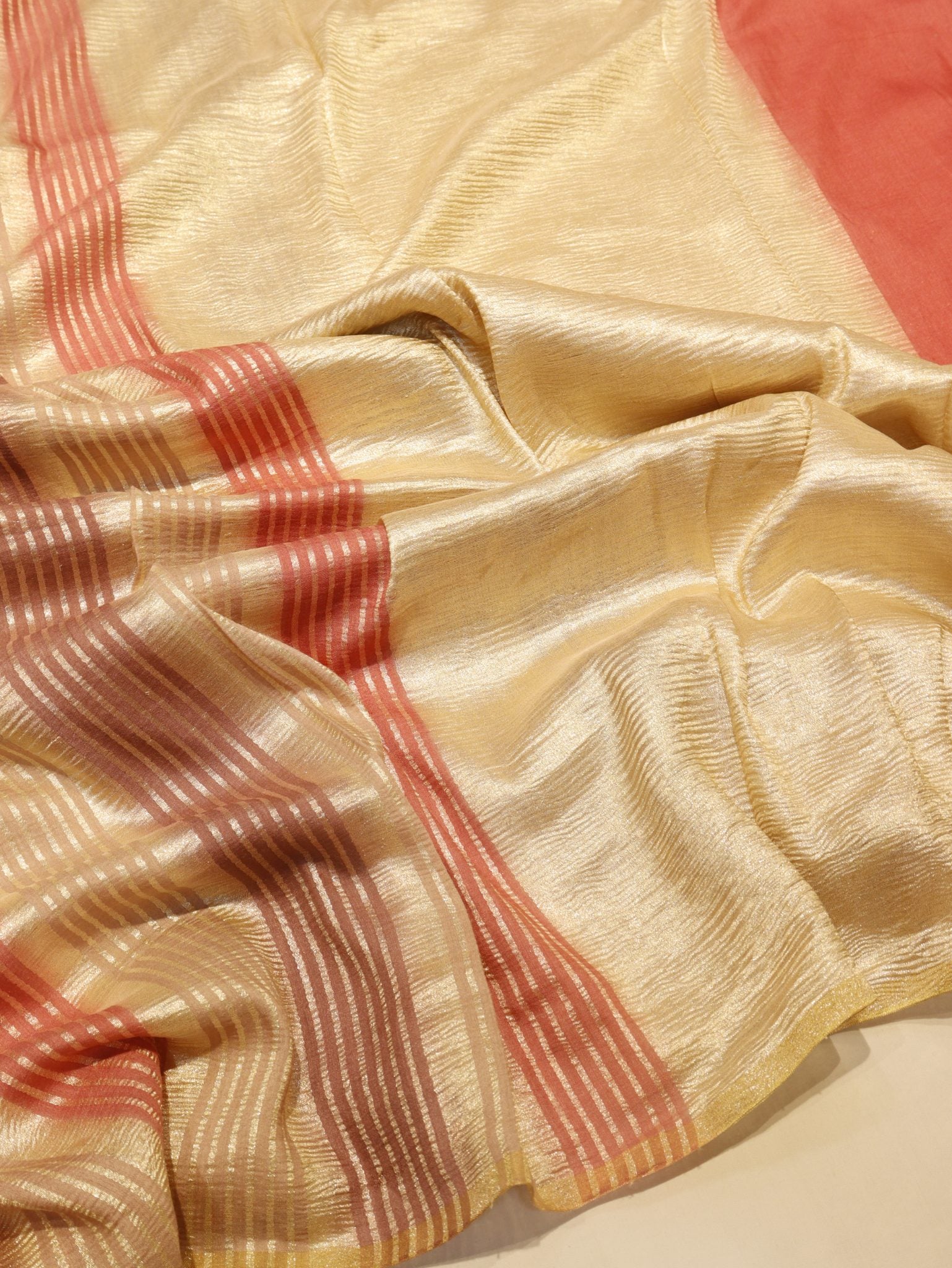 Burnt Orange Moonga Silk Banarasi saree front drape view