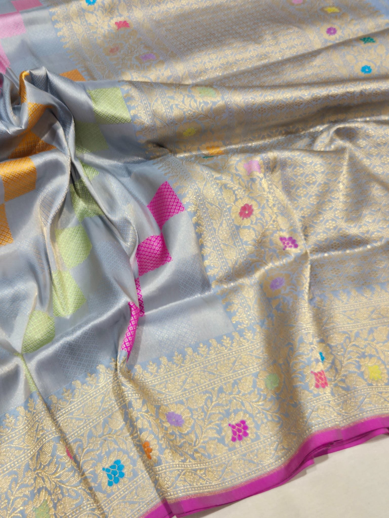 Sky Blue Katan Silk Banarasi saree front drape view