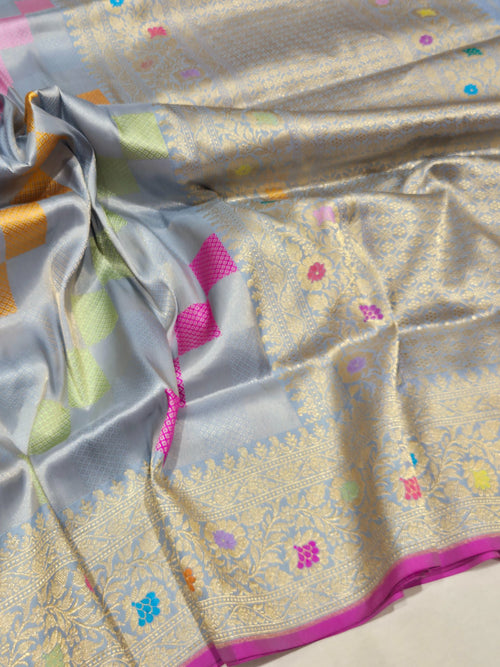 Sky Blue Katan Silk Banarasi saree front drape view
