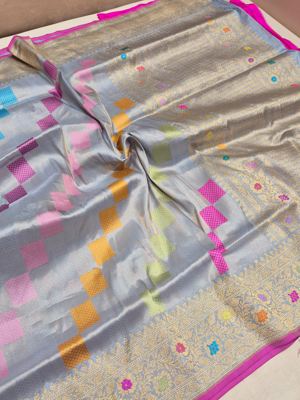 Sky Blue Katan Silk Banarasi saree border closeup