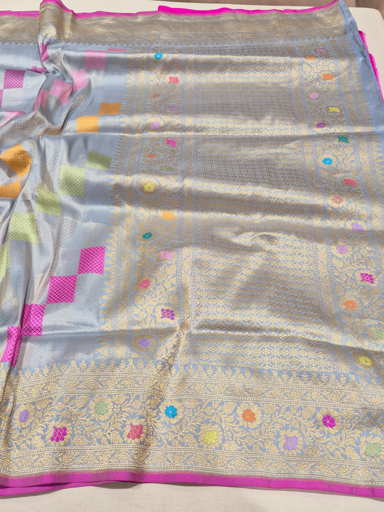 Sky Blue Katan Silk Banarasi saree full spread