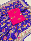 Rani Pink Moonga Silk Banarasi suit front drape view