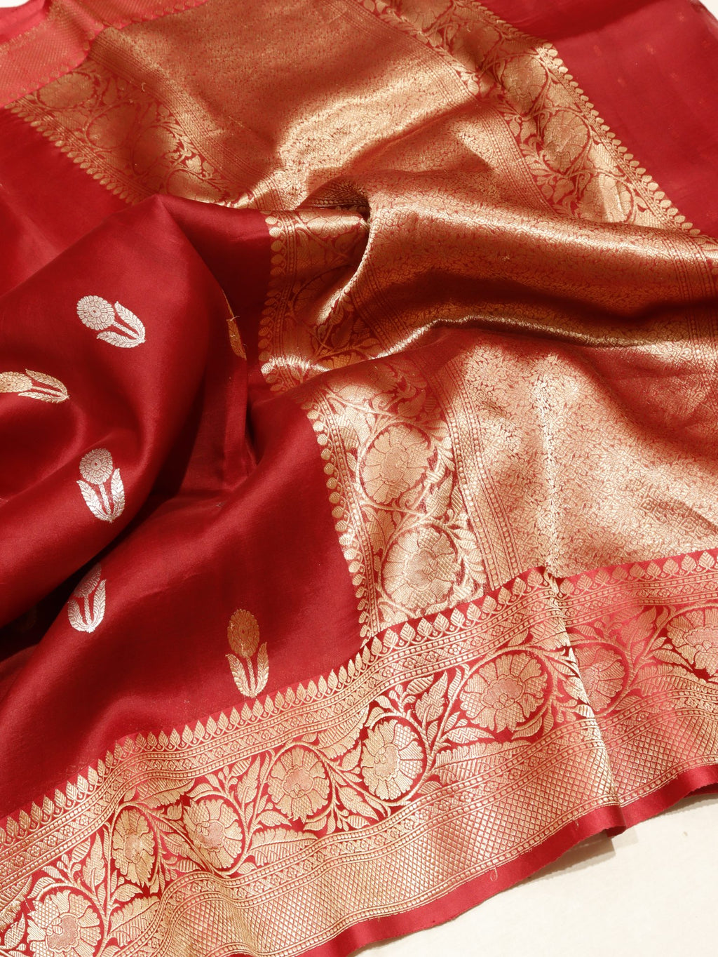 Maroon Kora Silk Banarasi saree front drape view