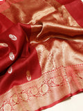 Maroon Kora Silk Banarasi saree front drape view