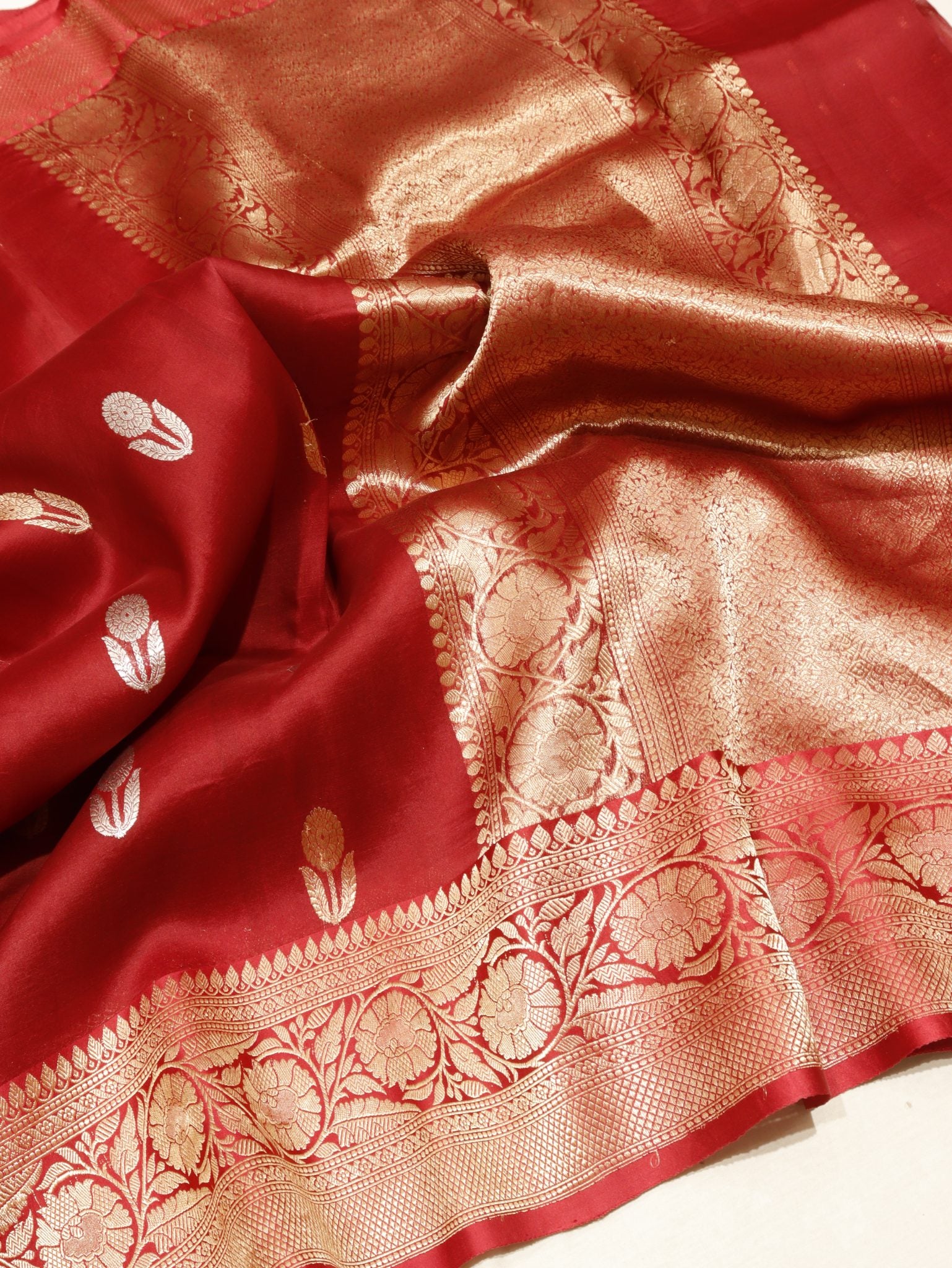 Maroon Kora Silk Banarasi saree front drape view