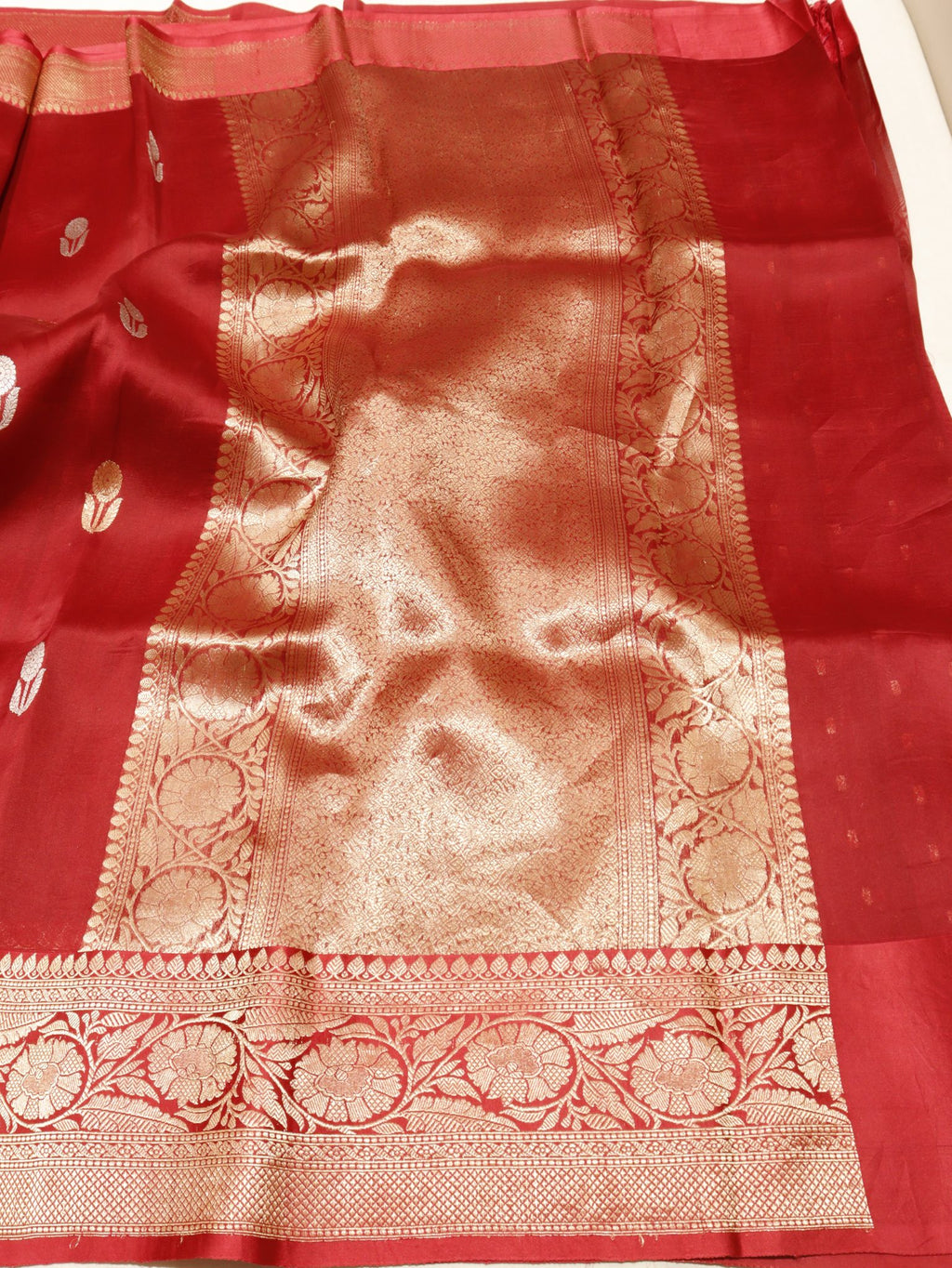 Maroon Kora Silk Banarasi saree full spread