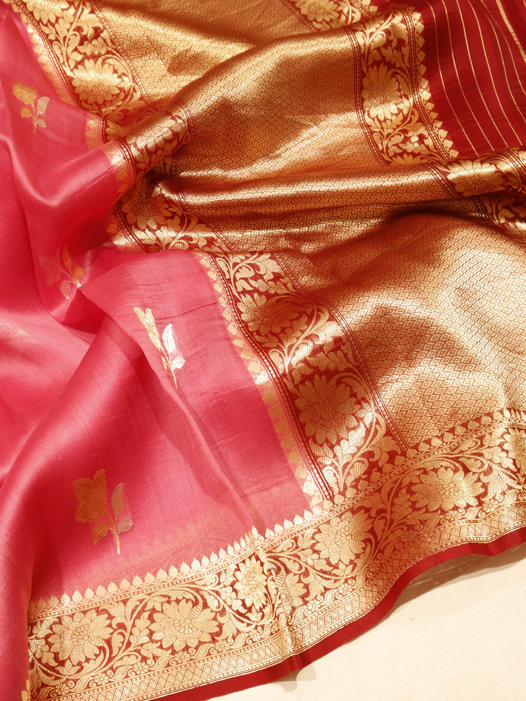 Pink Kora Silk Banarasi saree front drape view