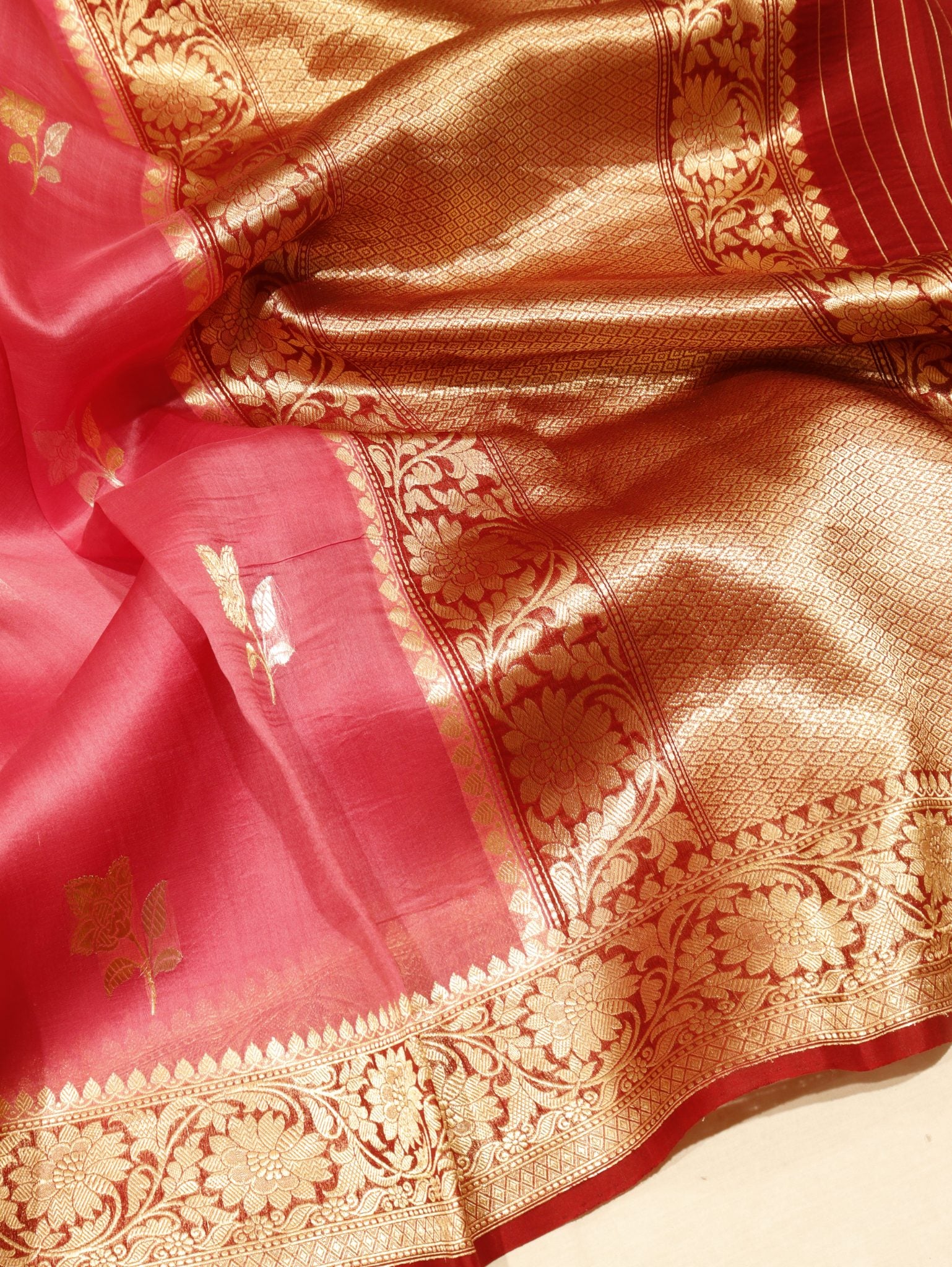 Pink Kora Silk Banarasi saree pallu detail