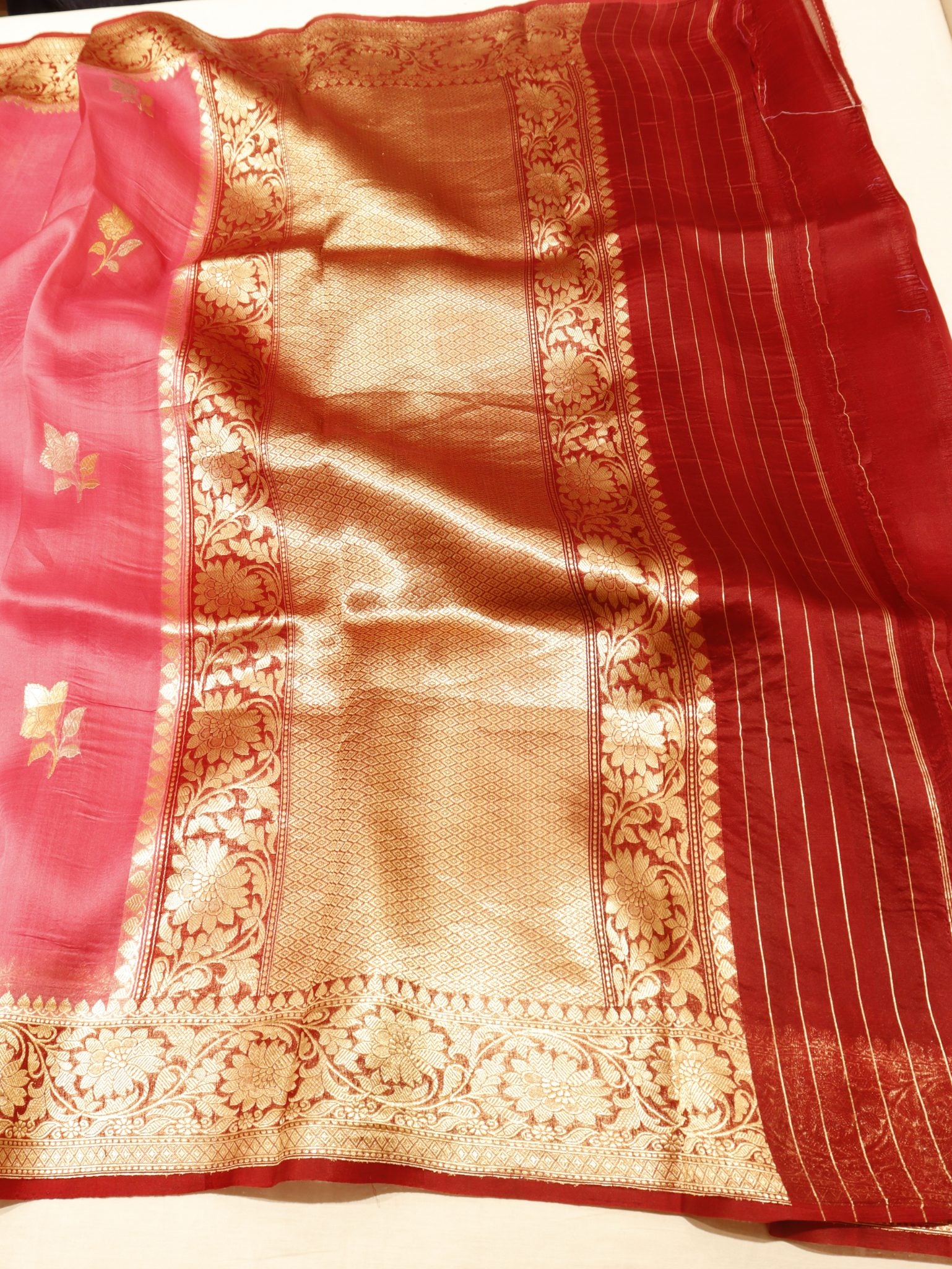 Pink Kora Silk Banarasi saree full spread