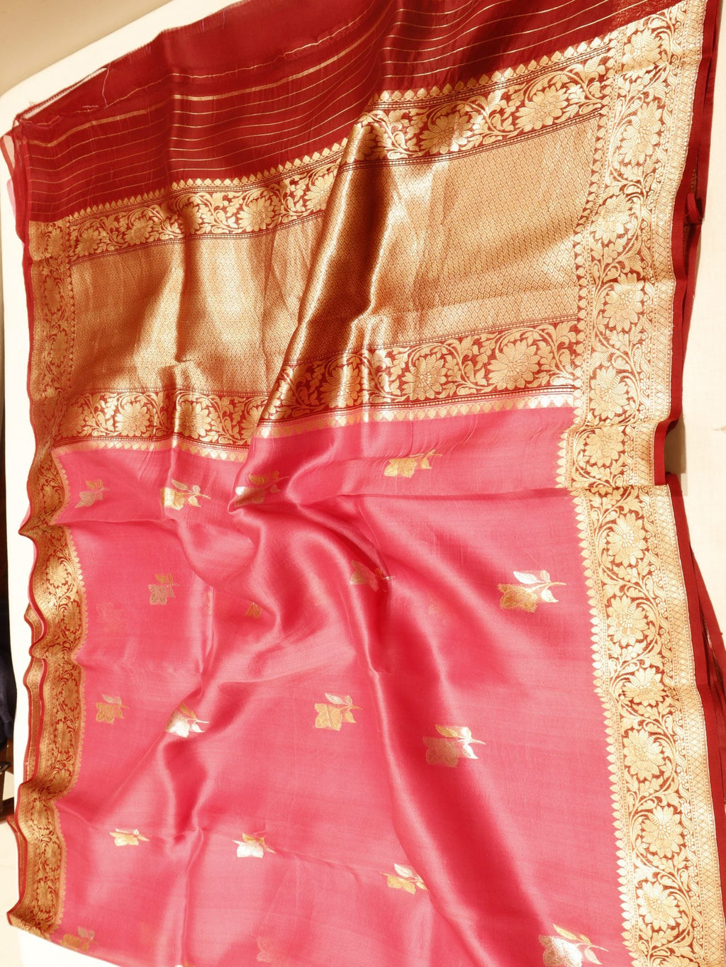 Pink Kora Silk Banarasi saree zari work detail