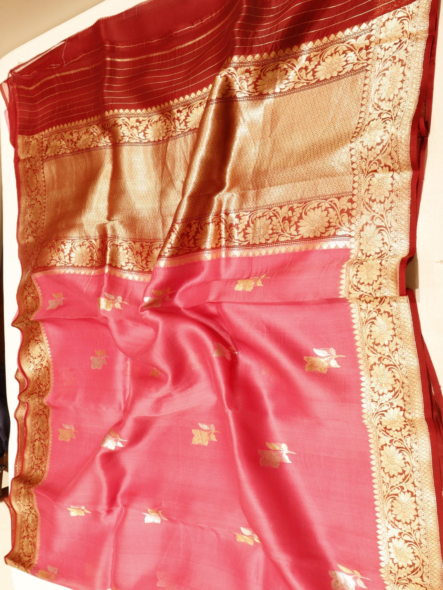 Pink Kora Silk Banarasi saree zari work detail
