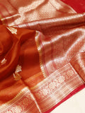 Rust Orange Kora Silk Banarasi saree front drape view