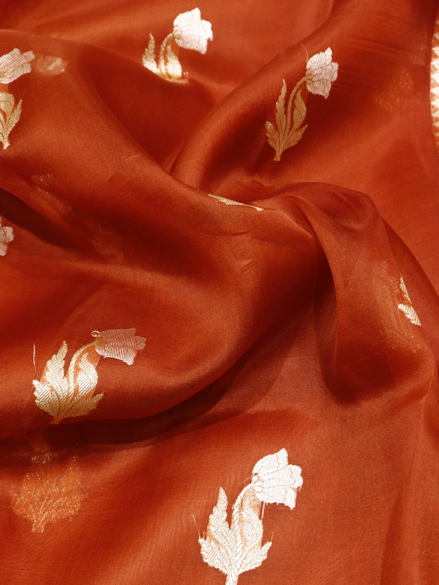 Rust Orange Kora Silk Banarasi saree border closeup