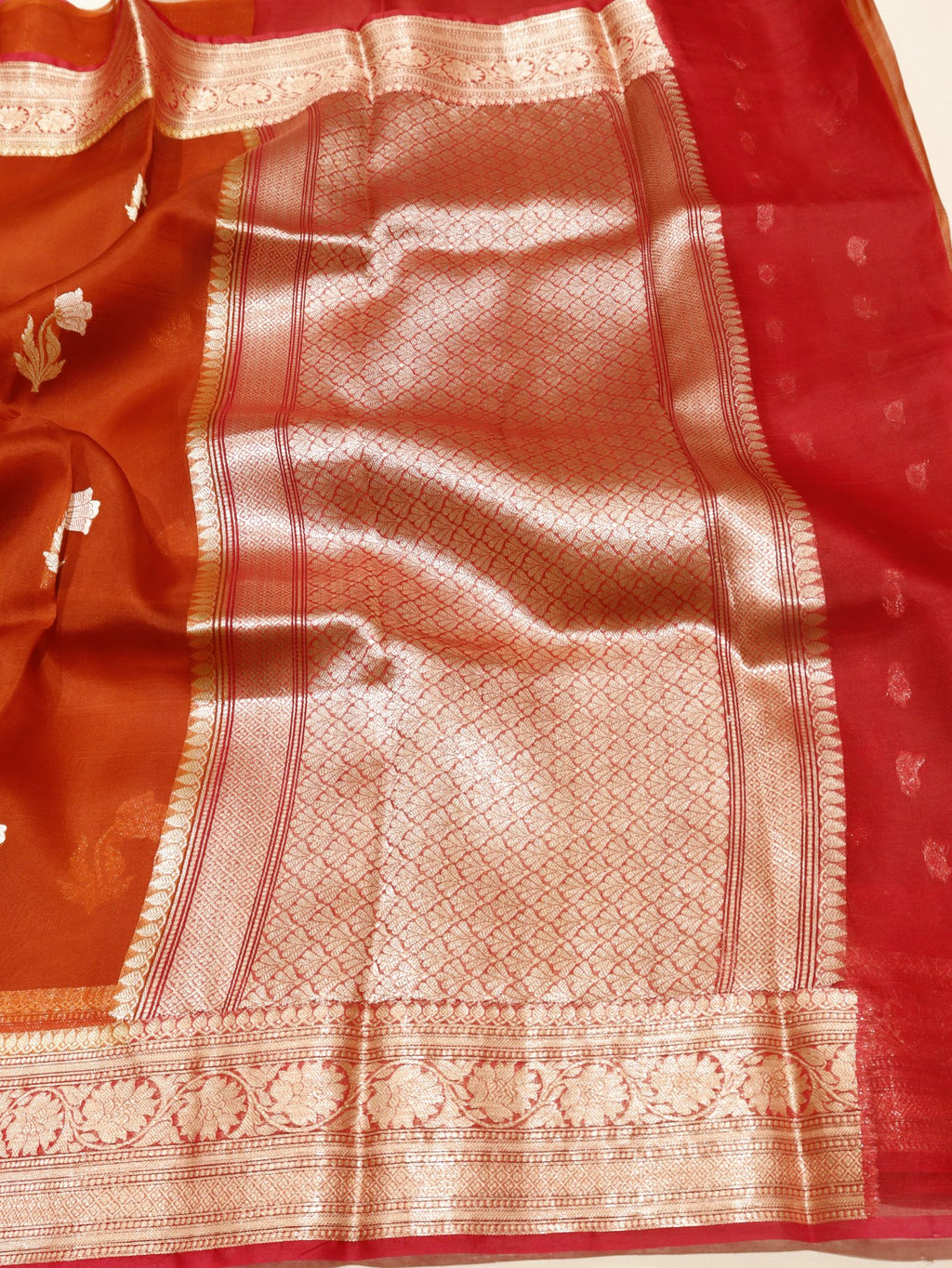 Rust Orange Kora Silk Banarasi saree blouse piece
