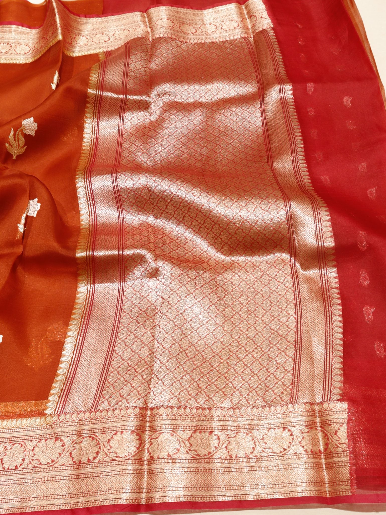 Rust Orange Kora Silk Banarasi saree blouse piece