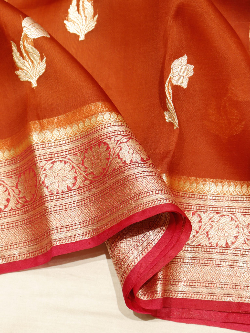 Rust Orange Kora Silk Banarasi saree full spread