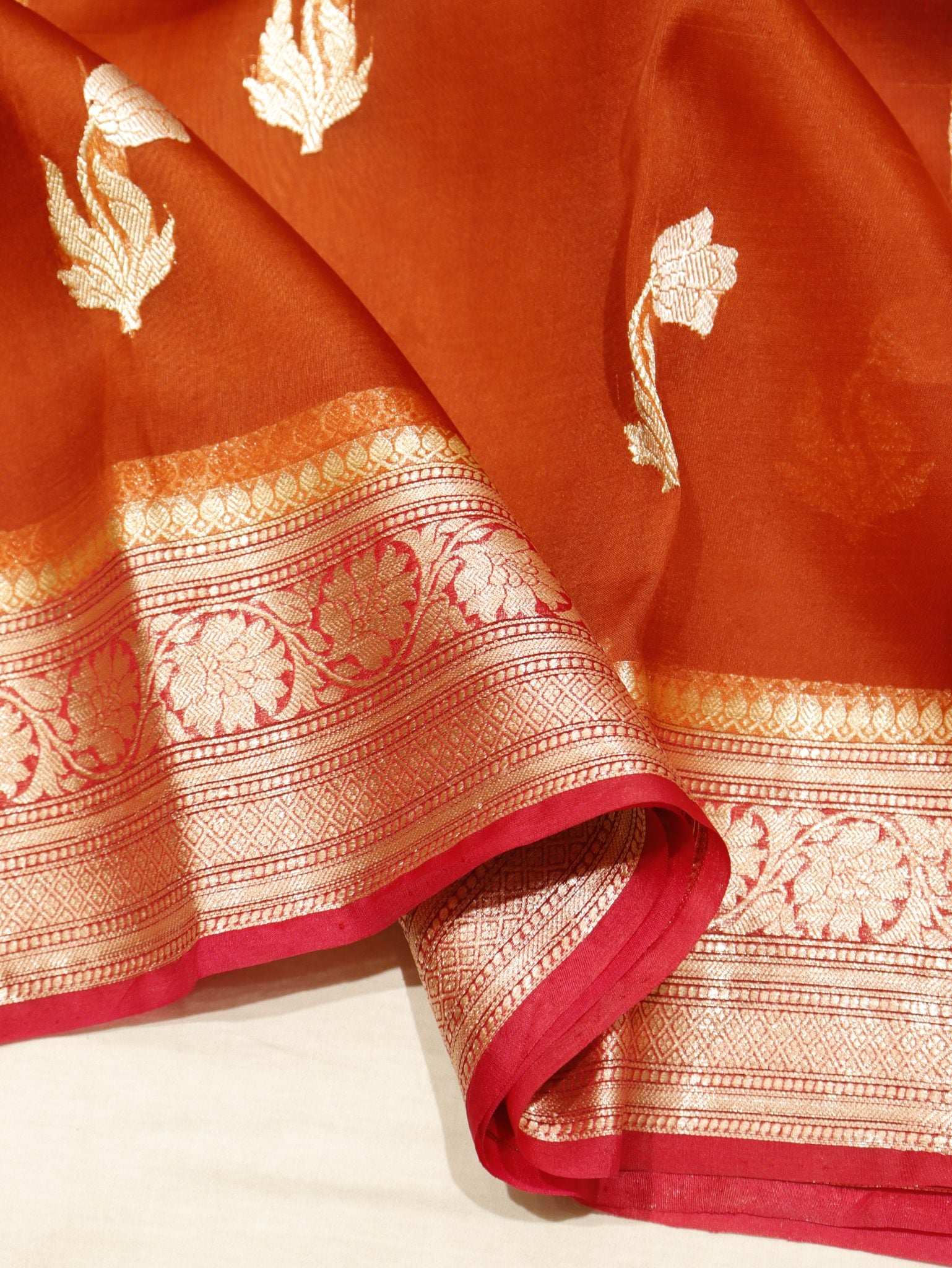 Rust Orange Kora Silk Banarasi saree full spread