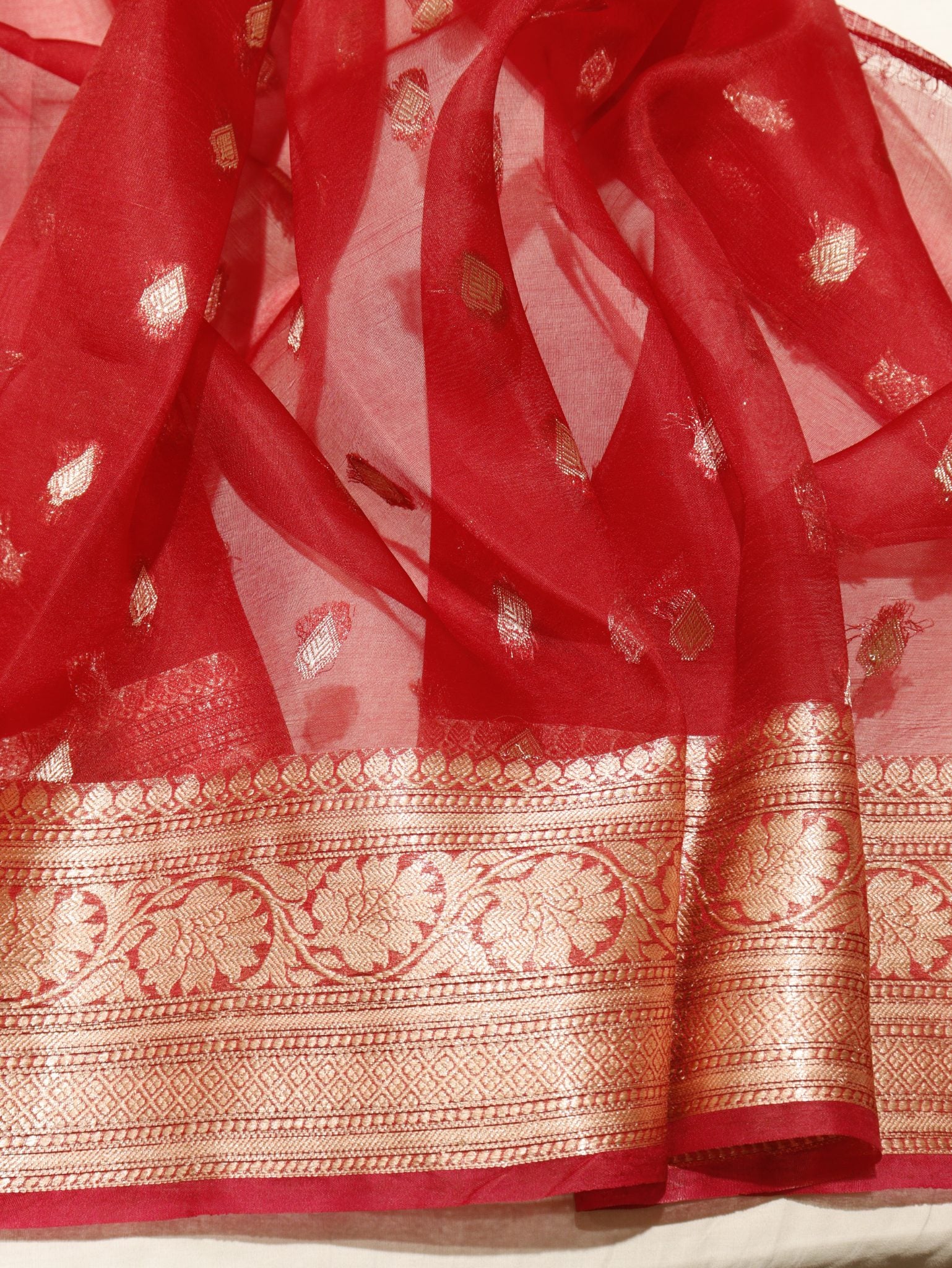 Rust Orange Kora Silk Banarasi saree texture detail