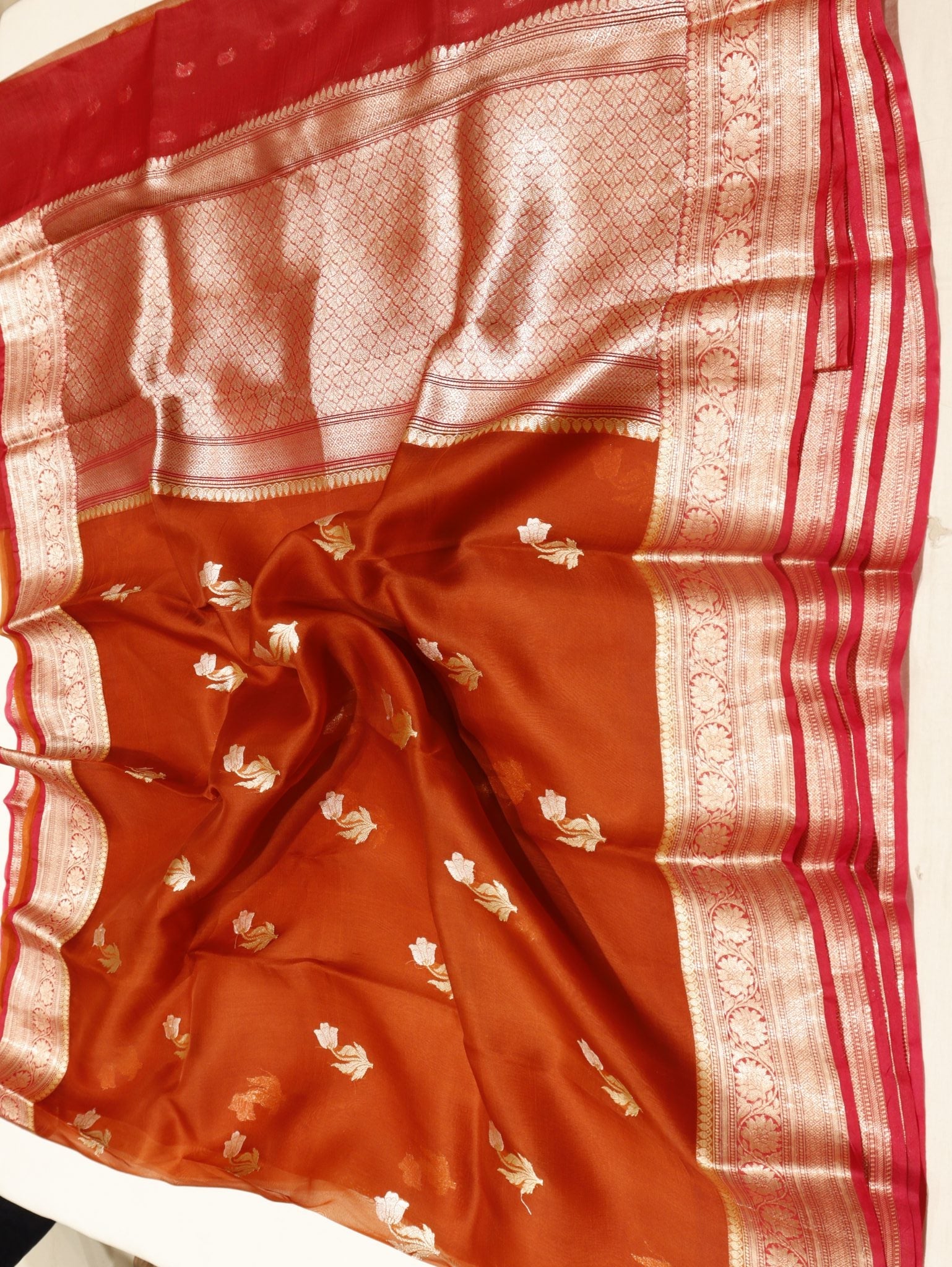 Rust Orange Kora Silk Banarasi saree zari work detail
