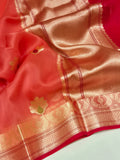 Hot Coral Kora Silk Banarasi saree front drape view