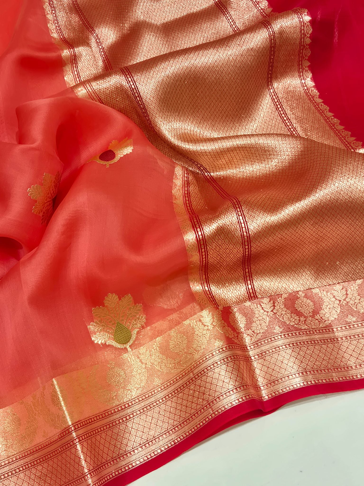 Hot Coral Kora Silk Banarasi saree front drape view