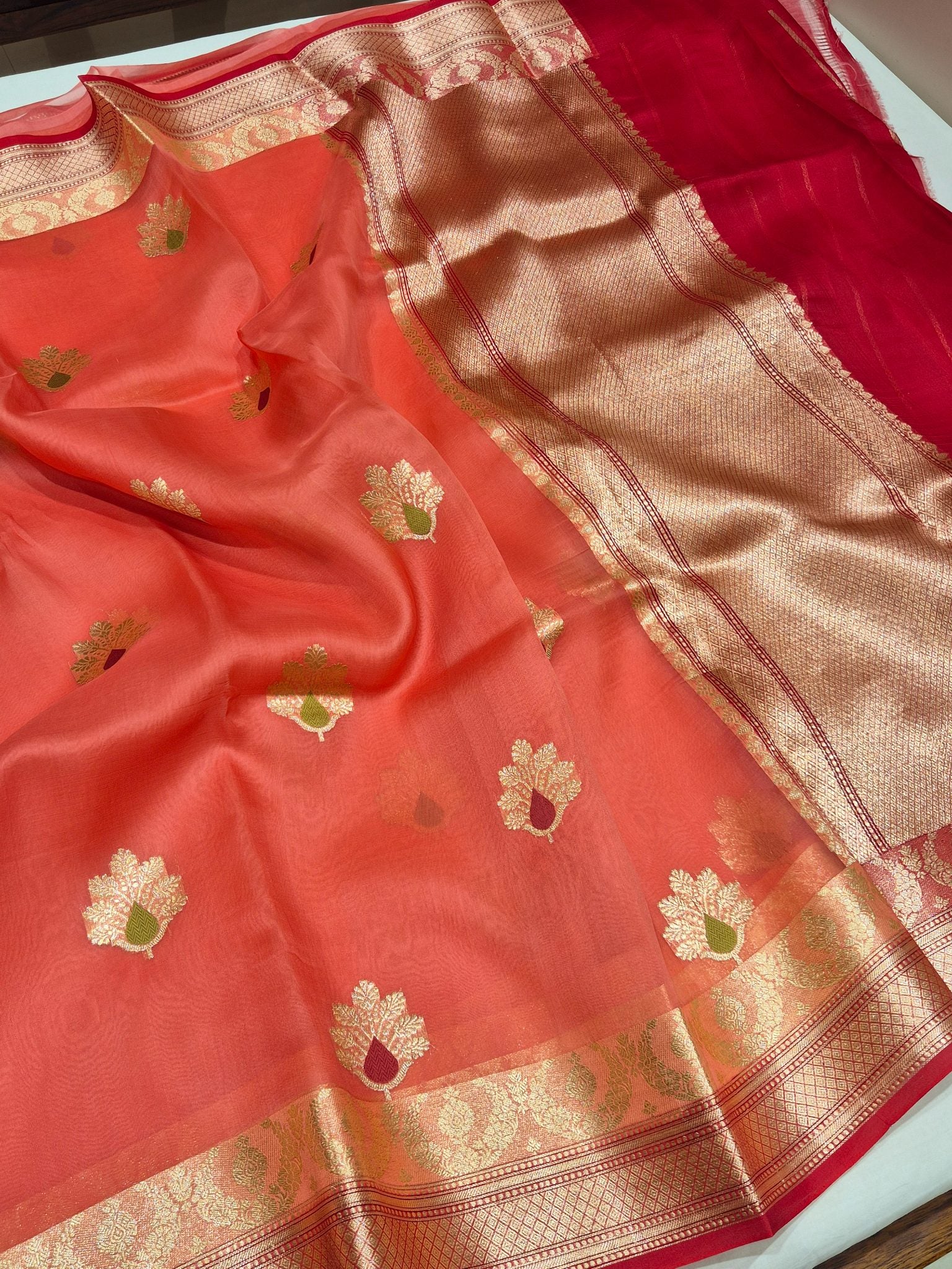 Hot Coral Kora Silk Banarasi saree pallu detail