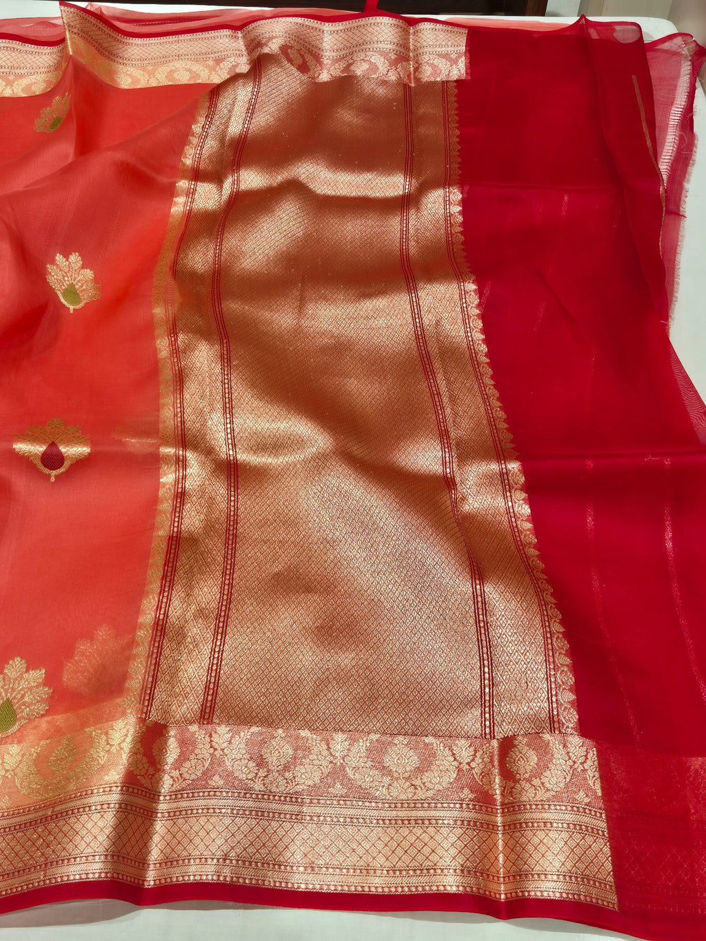 Hot Coral Kora Silk Banarasi saree blouse piece