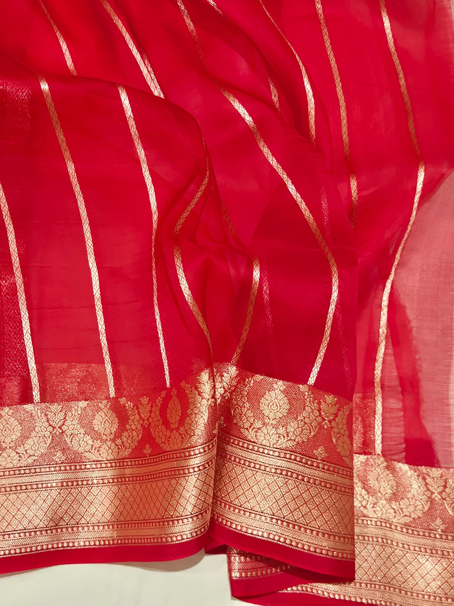 Hot Coral Kora Silk Banarasi saree full spread