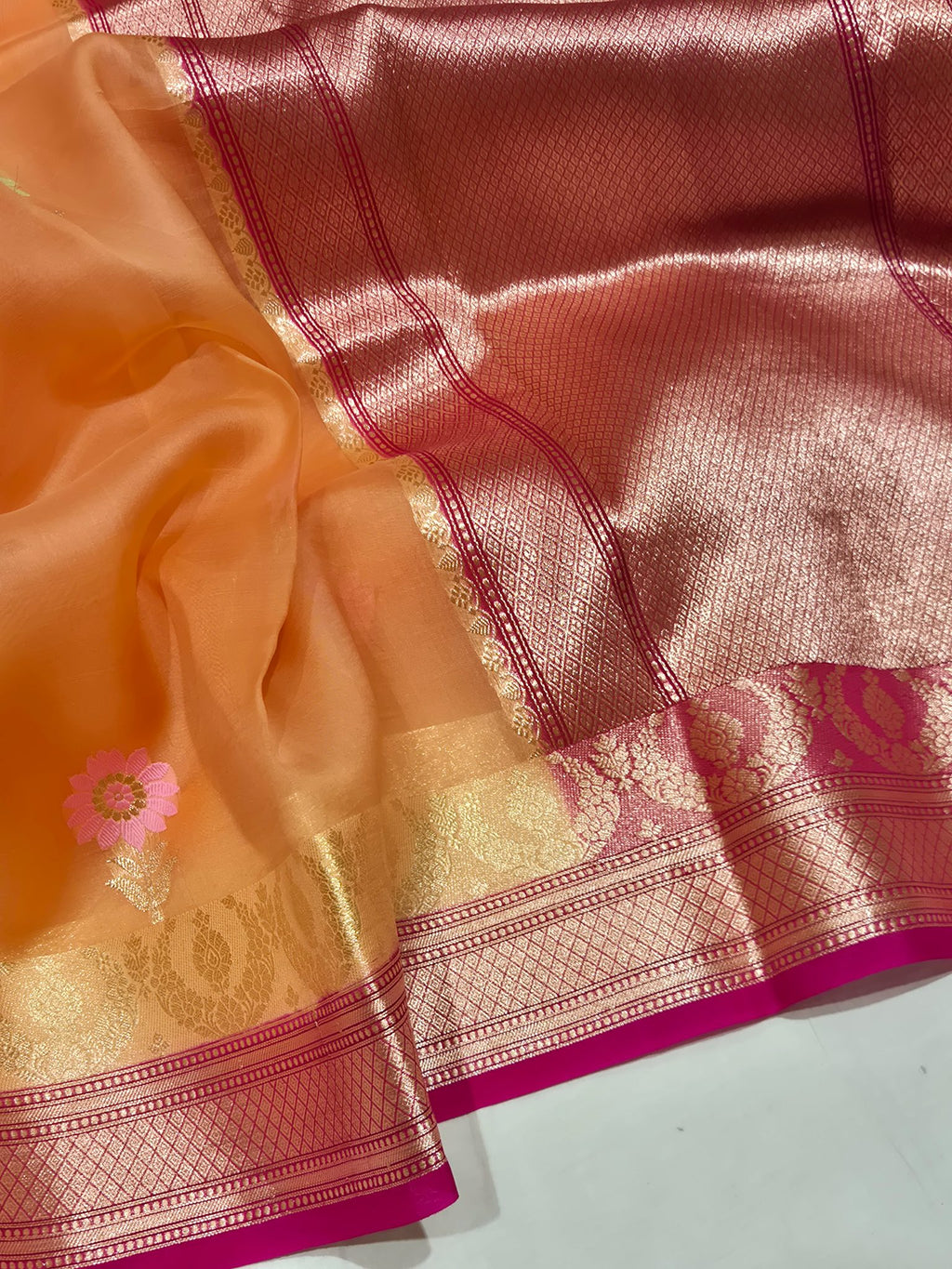 Orange Kora Silk Banarasi saree front drape view