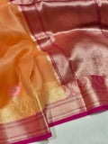 Orange Kora Silk Banarasi saree front drape view