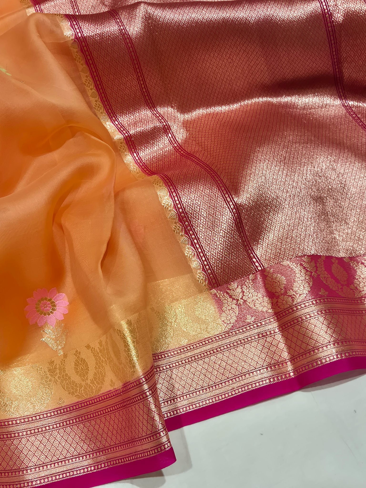 Orange Kora Silk Banarasi saree front drape view