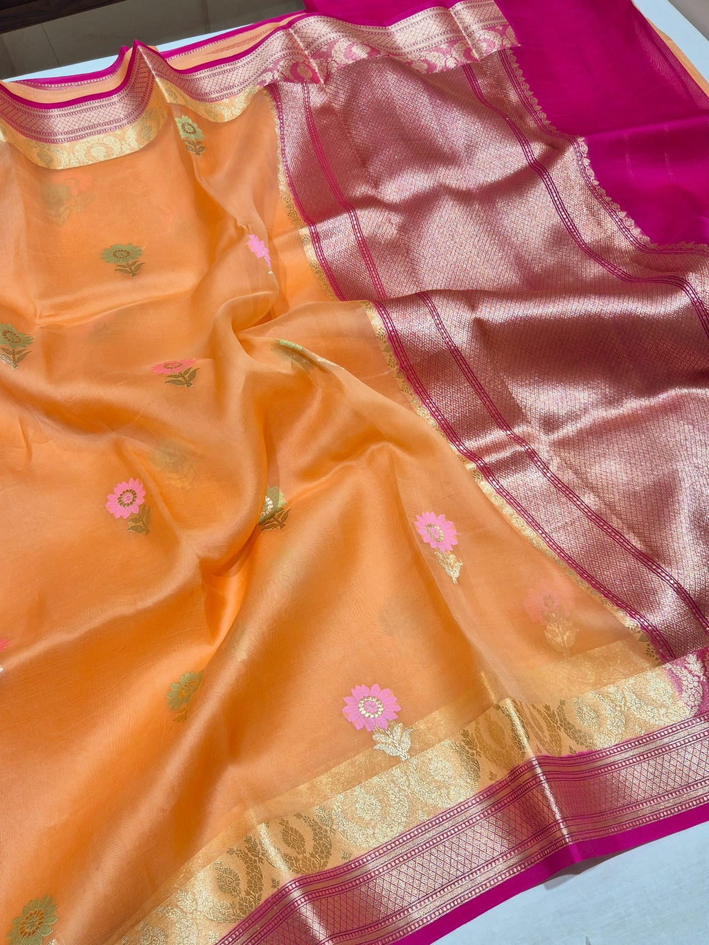 Orange Kora Silk Banarasi saree pallu detail