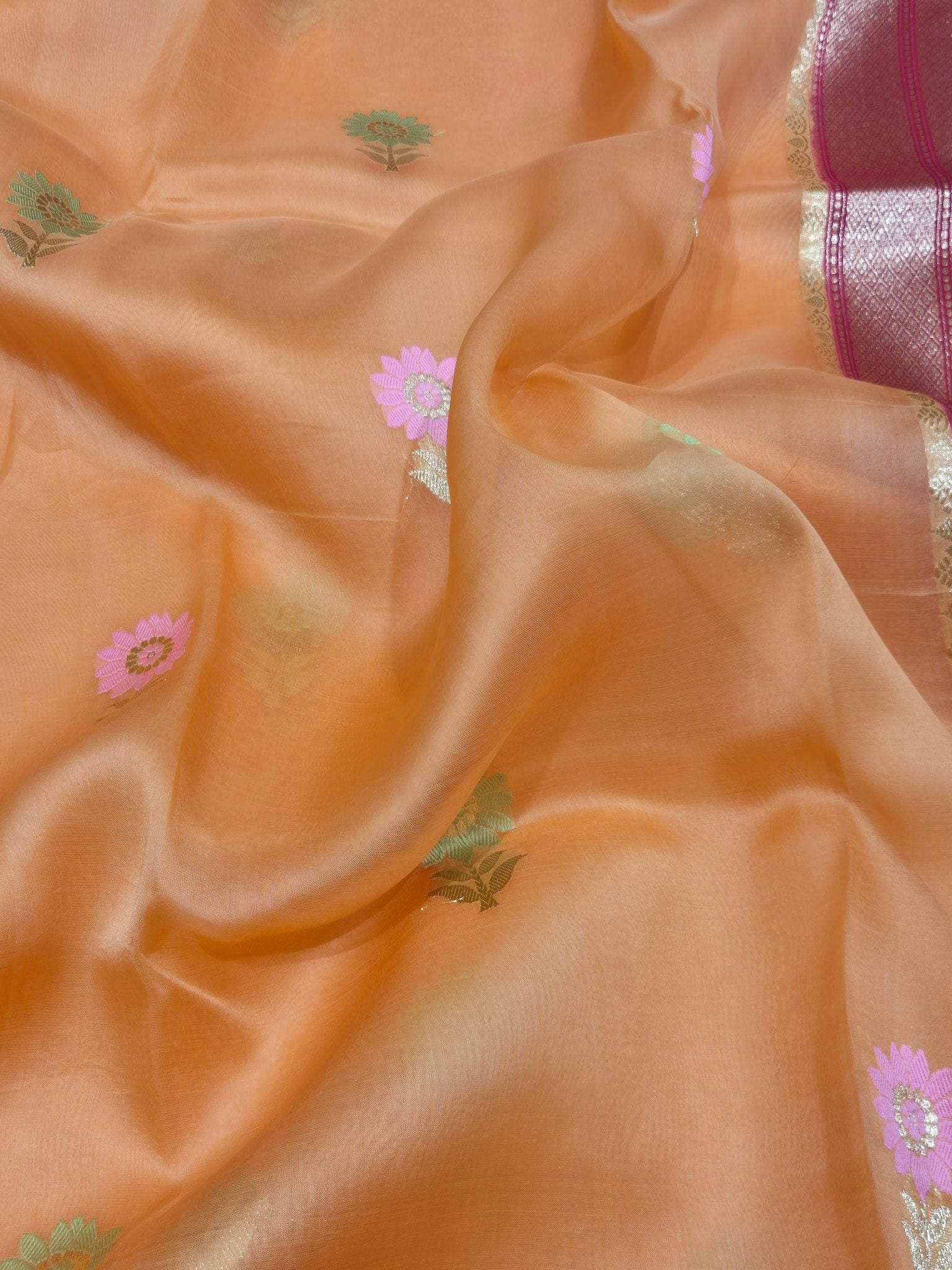 Orange Kora Silk Banarasi saree border closeup