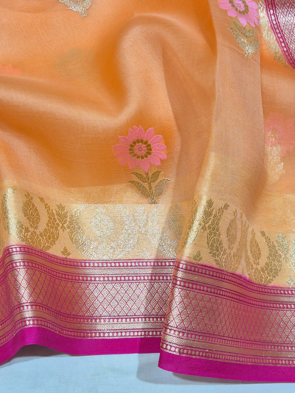 Orange Kora Silk Banarasi saree full spread