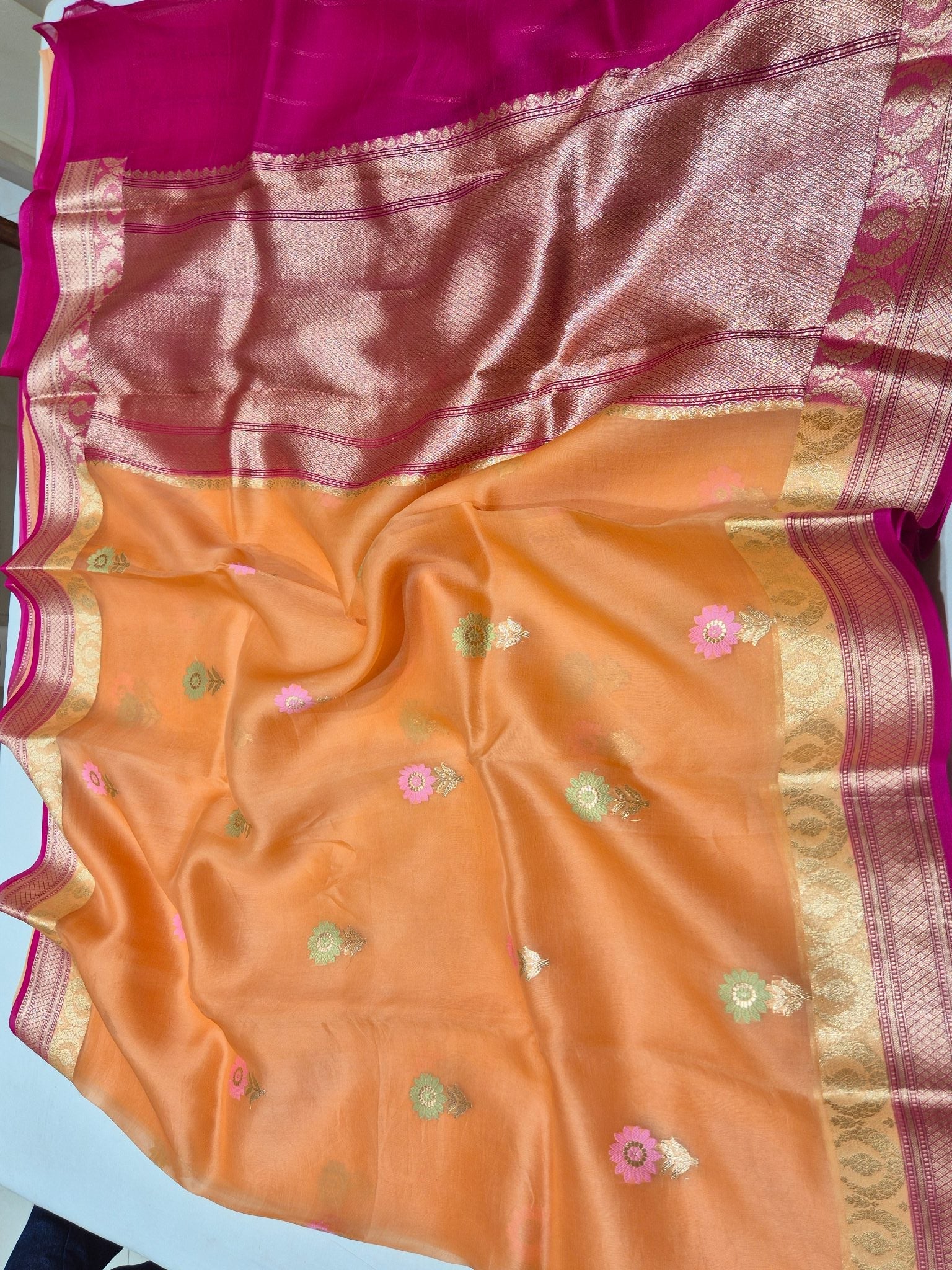 Orange Kora Silk Banarasi saree zari work detail
