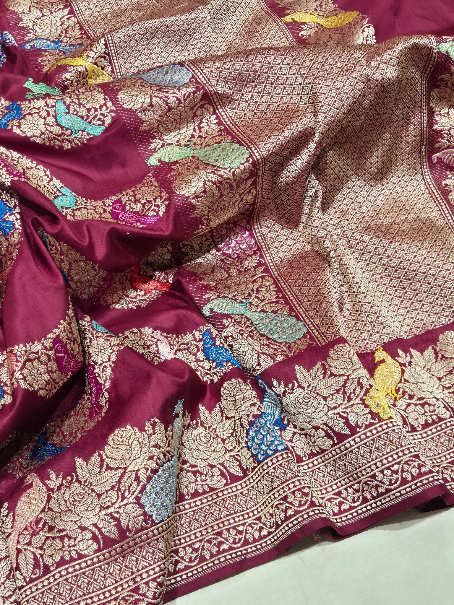 Plum Katan Silk Banarasi saree front drape view