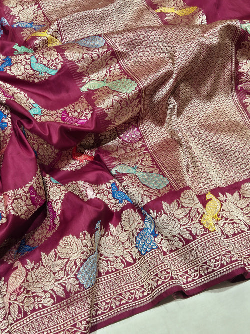 Plum Katan Silk Banarasi saree front drape view