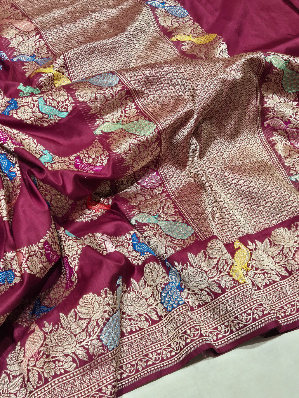 Plum Katan Silk Banarasi saree pallu detail