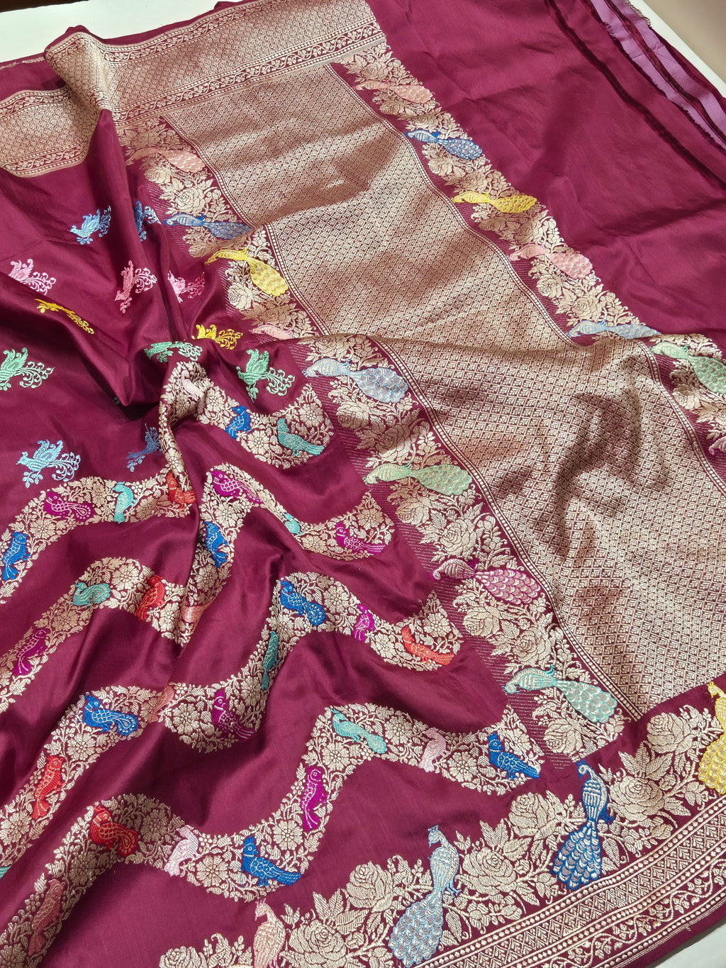 Plum Katan Silk Banarasi saree border closeup
