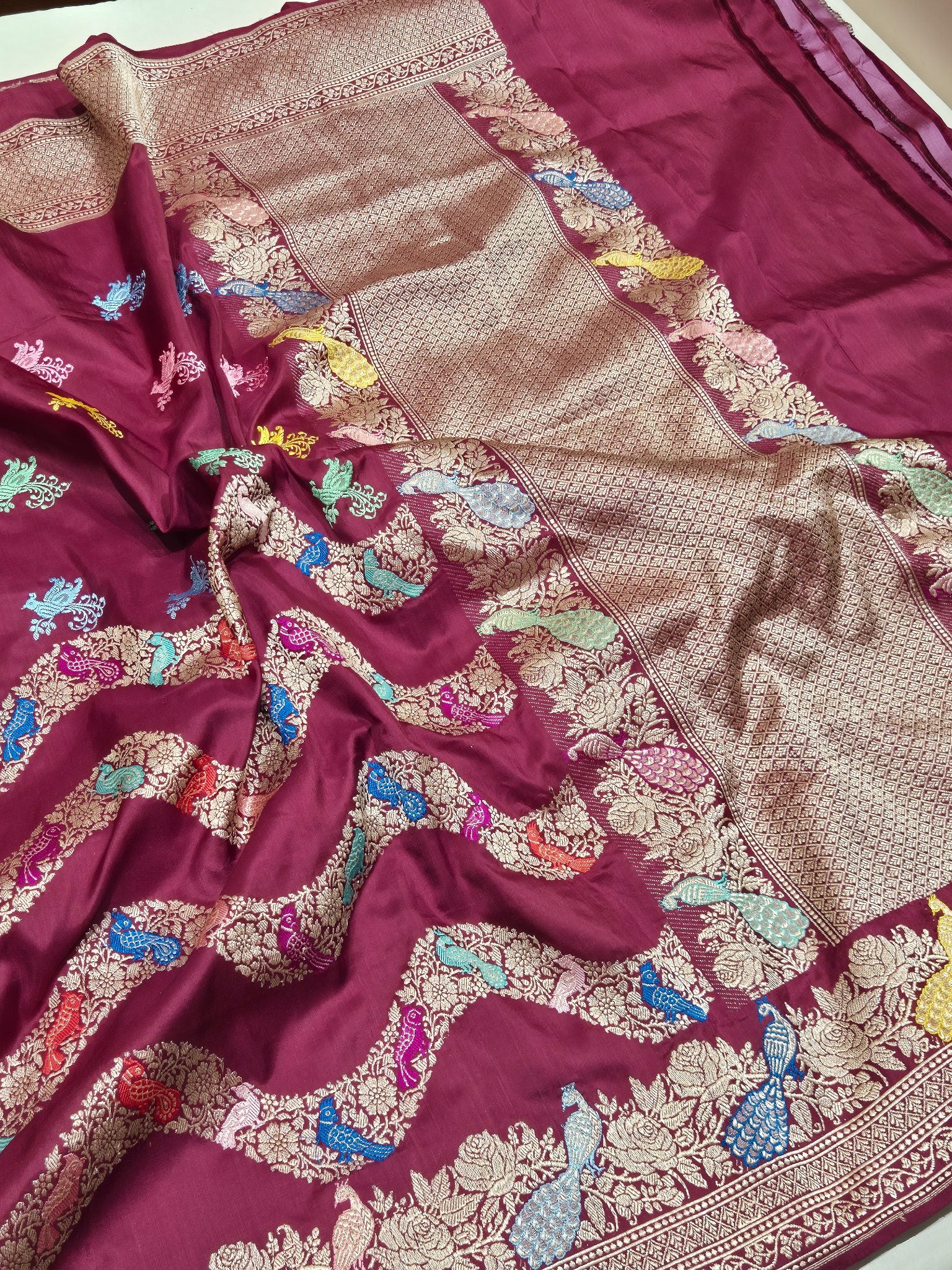 Plum Katan Silk Banarasi saree border closeup