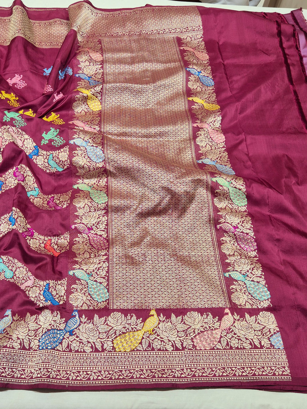 Plum Katan Silk Banarasi saree full spread