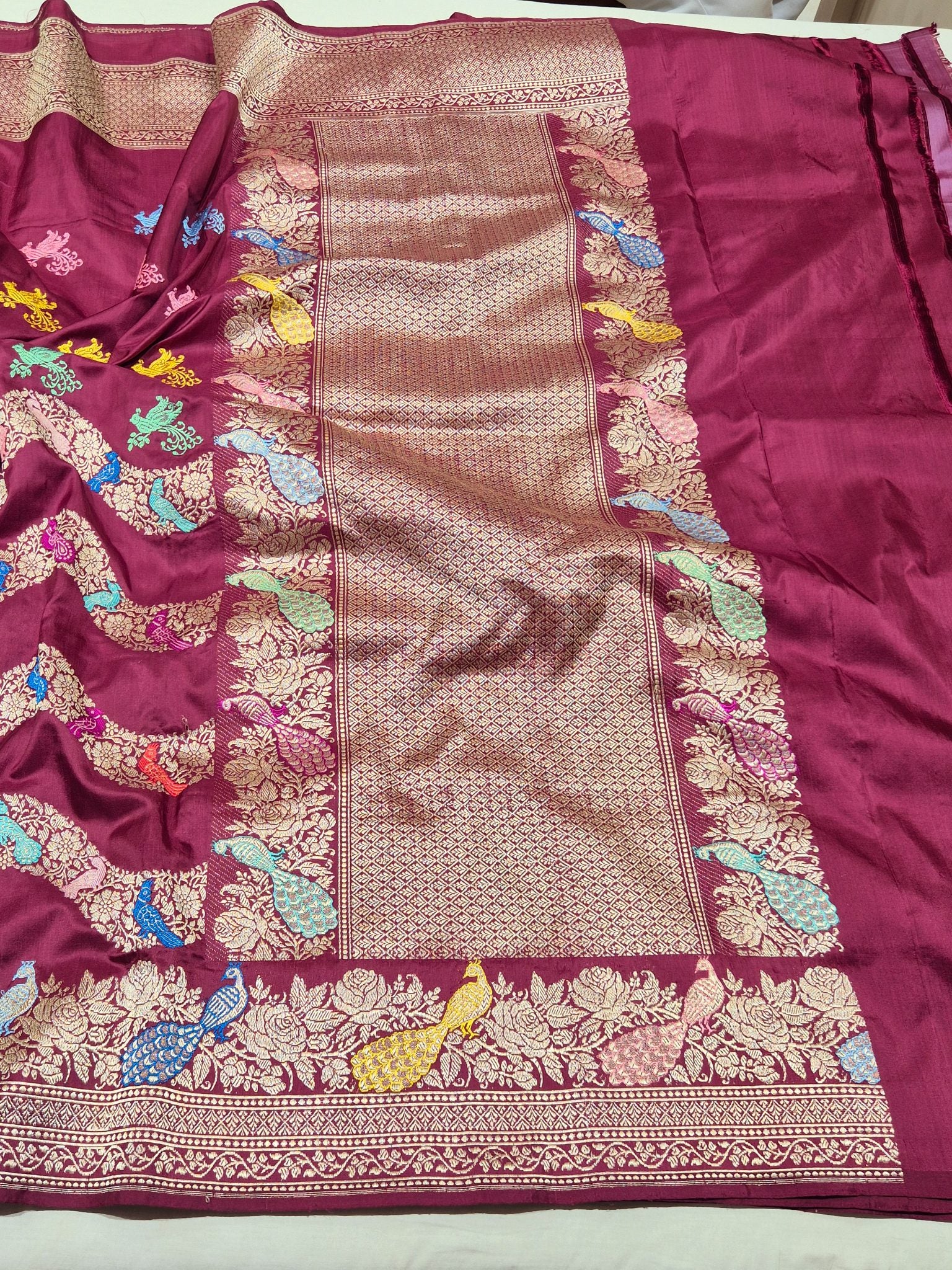 Plum Katan Silk Banarasi saree full spread