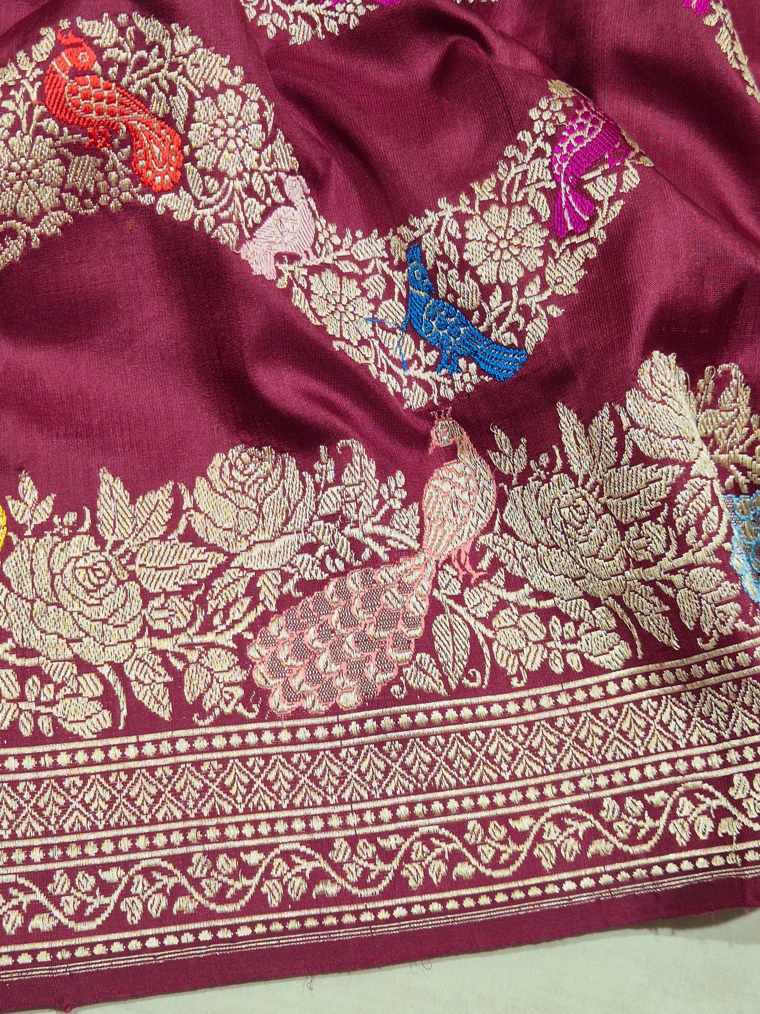 Plum Katan Silk Banarasi saree texture detail