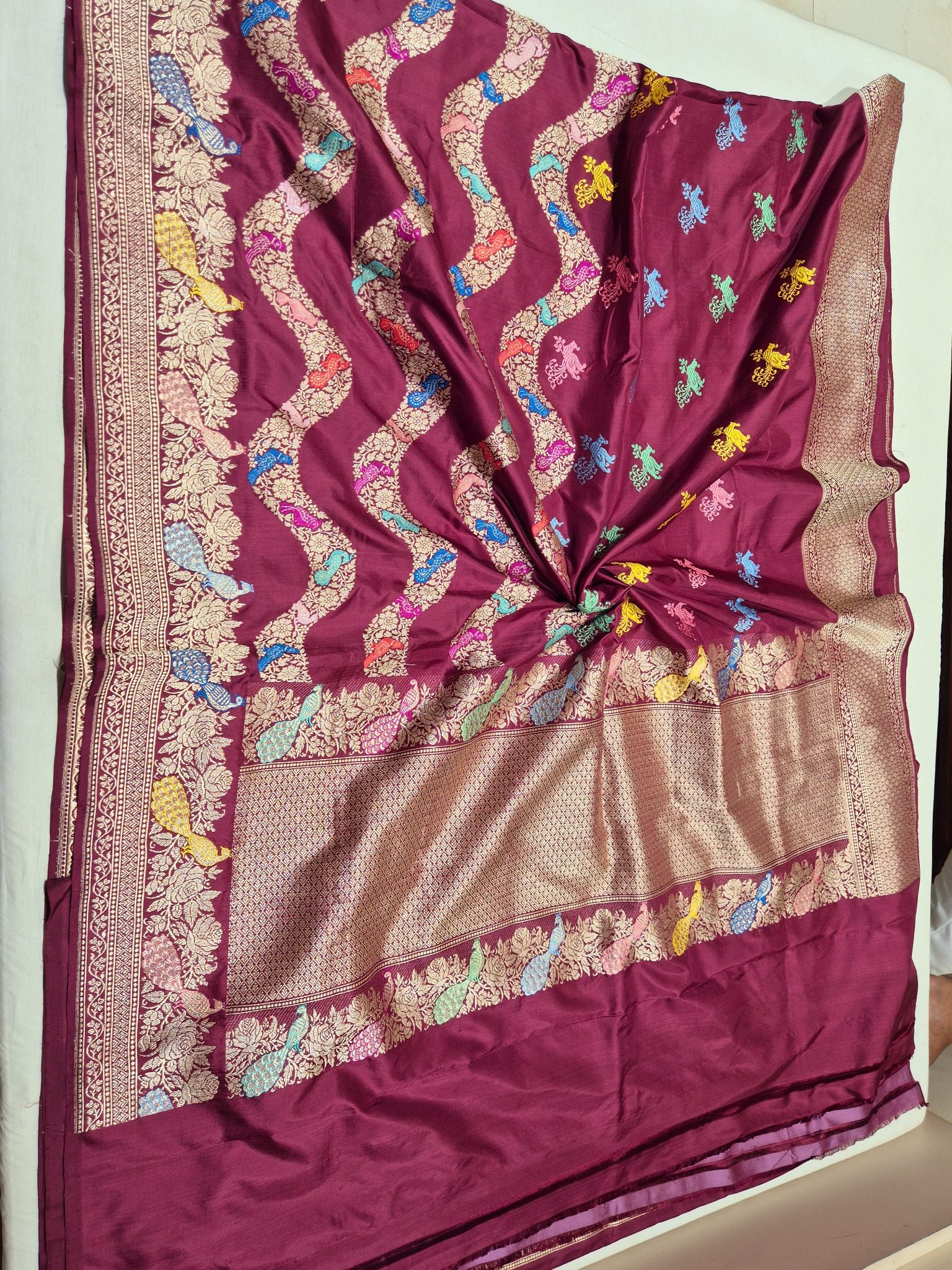 Plum Katan Silk Banarasi saree folded view