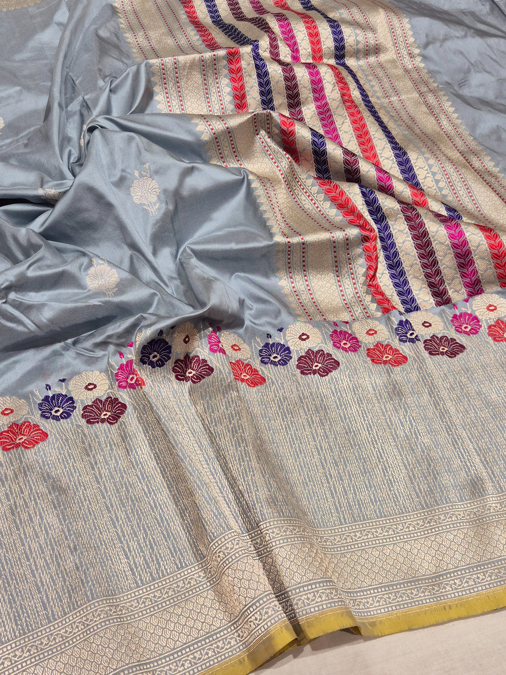Powder Blue Katan Silk Banarasi saree front drape view