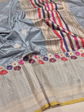 Powder Blue Katan Silk Banarasi saree front drape view